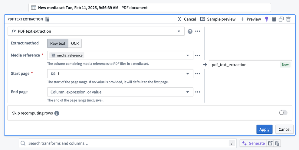 The transforms configuration page for PDF text extraction.