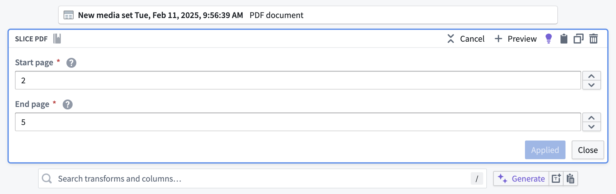 The transforms configuration page for slicing PDFs.