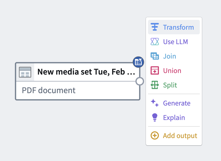 The operation selection menu on a media set node.