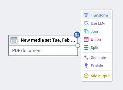 The operation selection menu on a media set node.