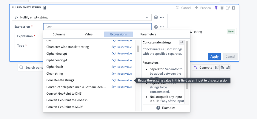 An example transform configuration page, with the option to Reuse values when replacing a nested expression.