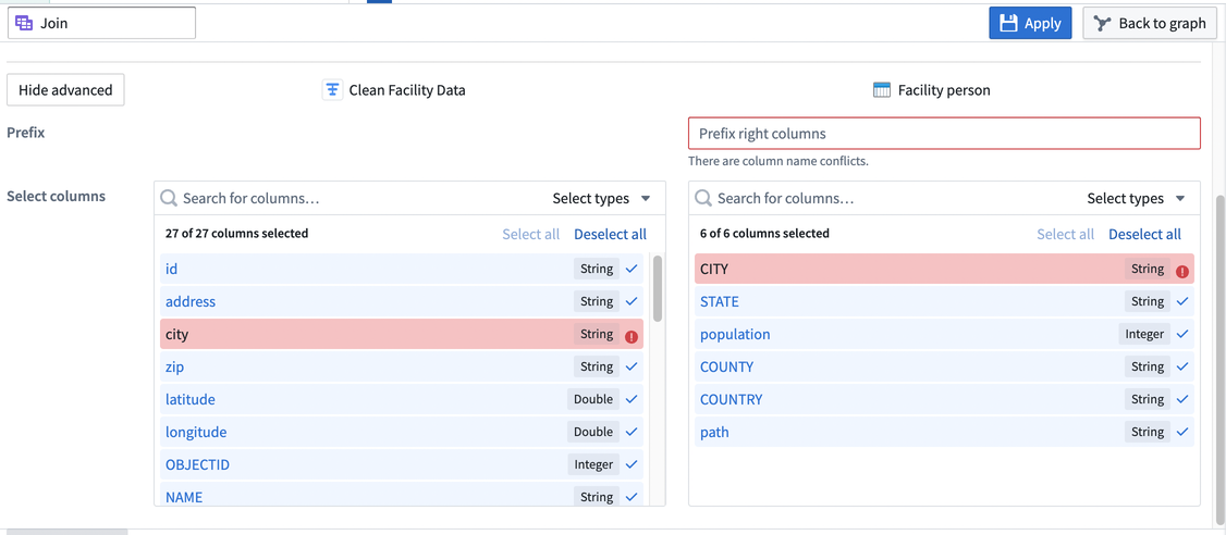 Screenshot of transform advanced configuration