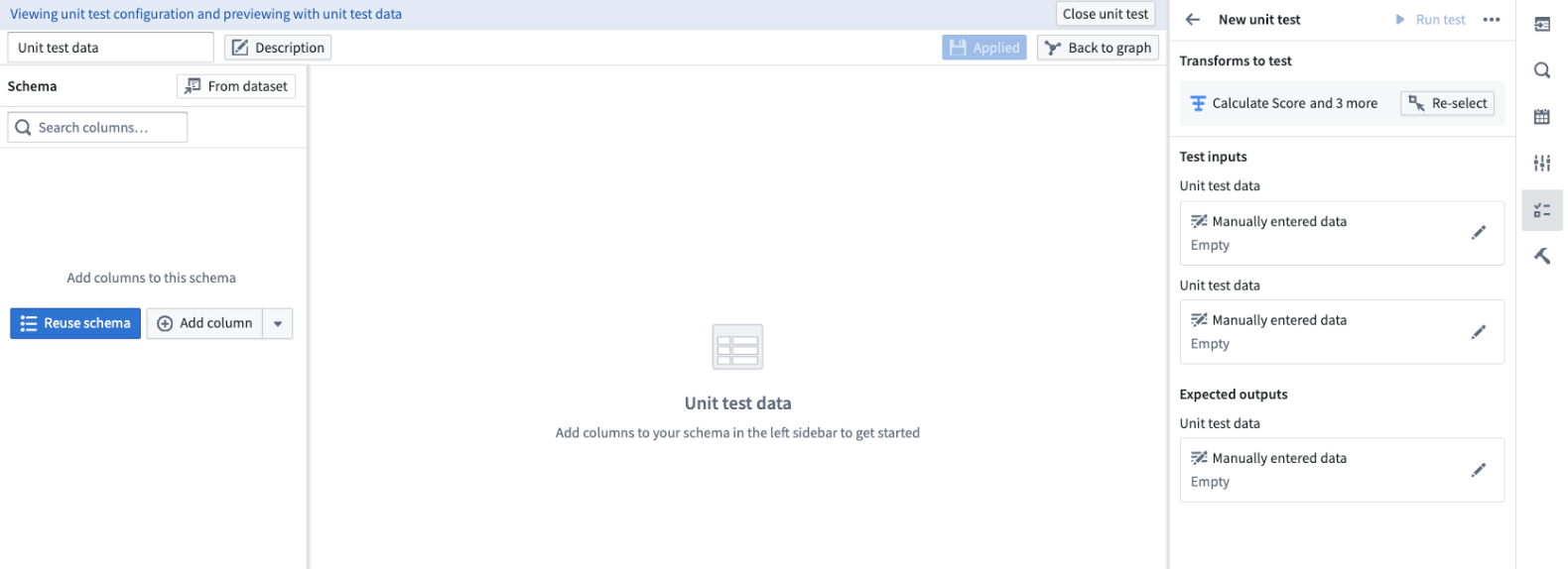 The add input or output data page in a unit test.