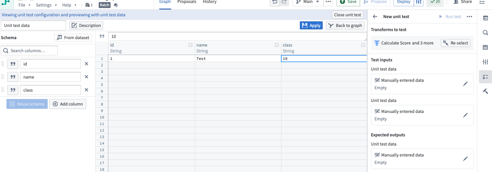 The add input or output data page in a unit test.