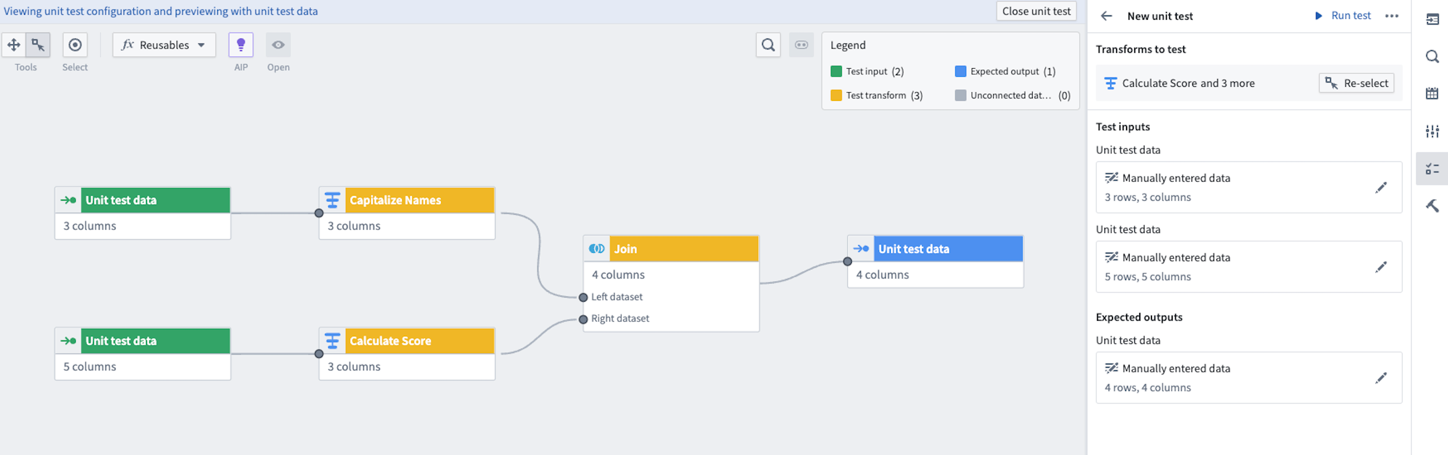 A unit test with inputs and outputs filled.