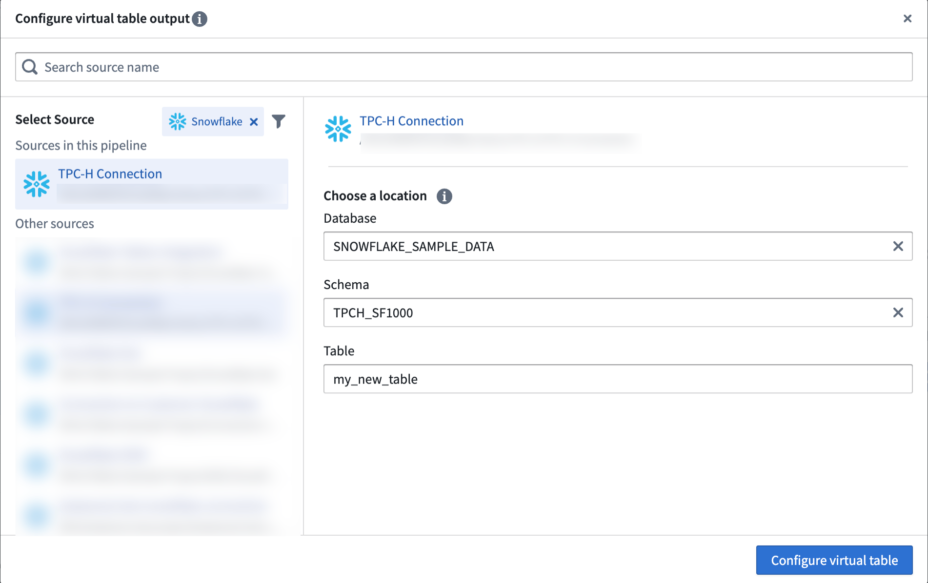 Screenshot of setting virtual table external location