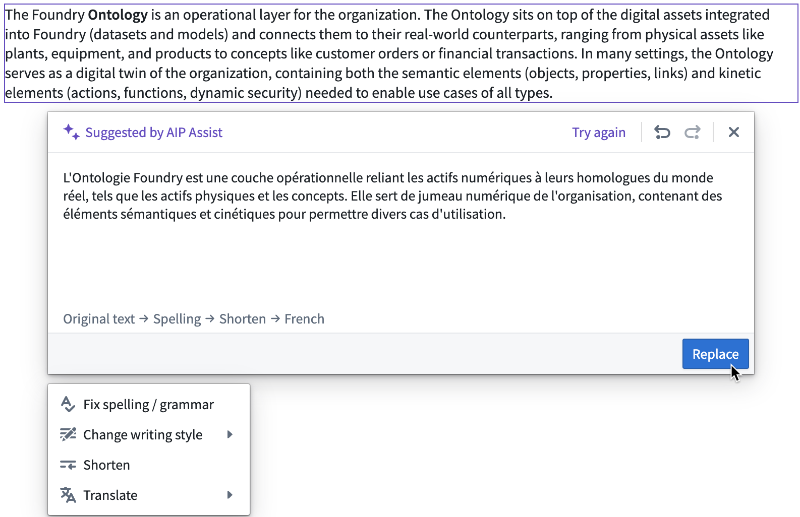 AIP dropdown menu in Notepad showing available features.