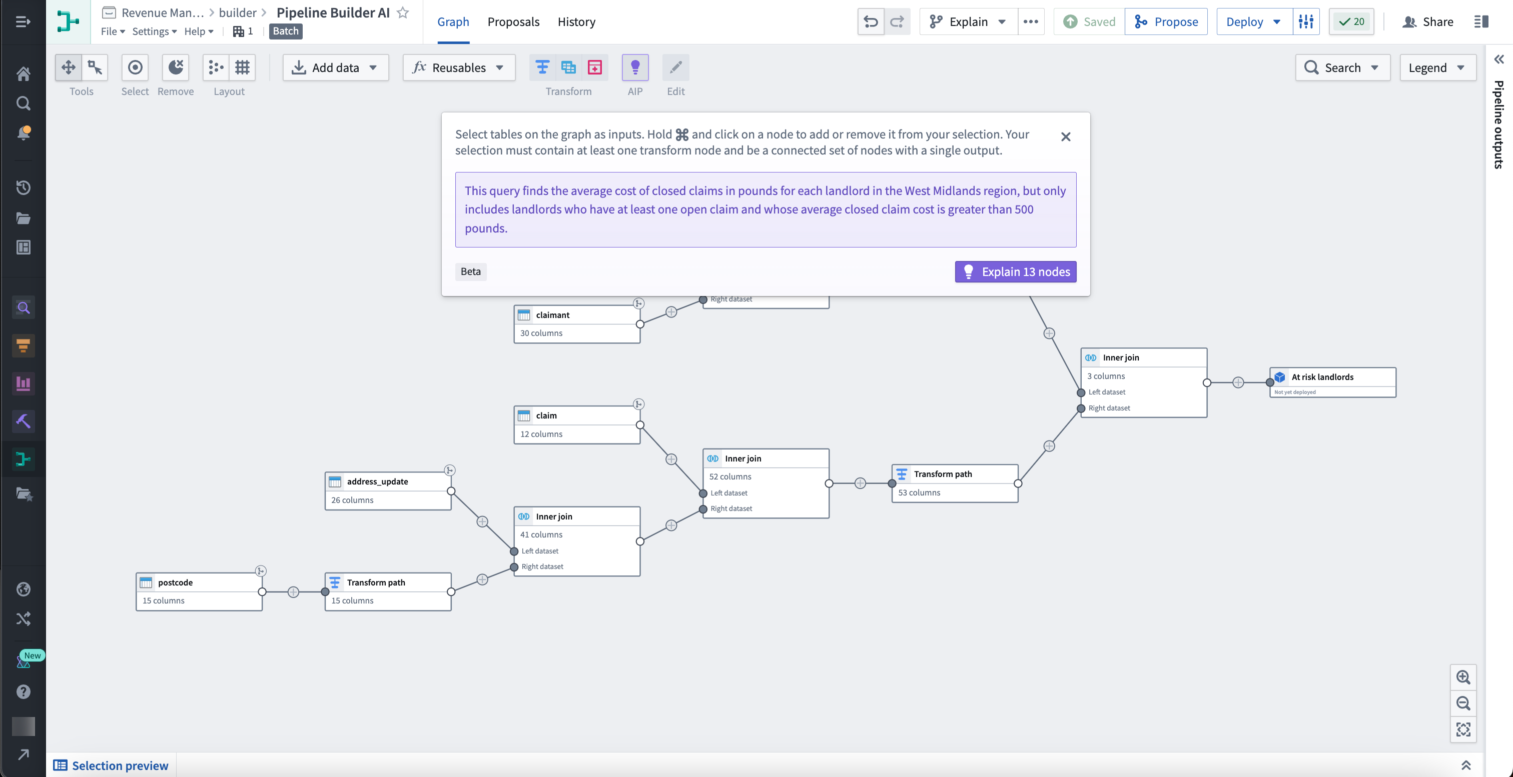 AIP Explain feature in Pipeline Builder graph, explaining the relationship of 13 nodes.