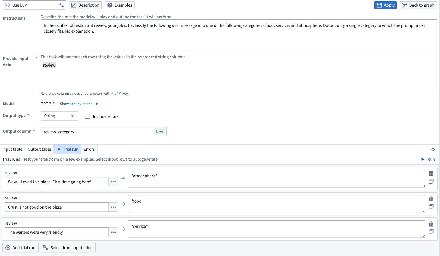 Trial runs for the Use LLM Node in Pipeline Builder.