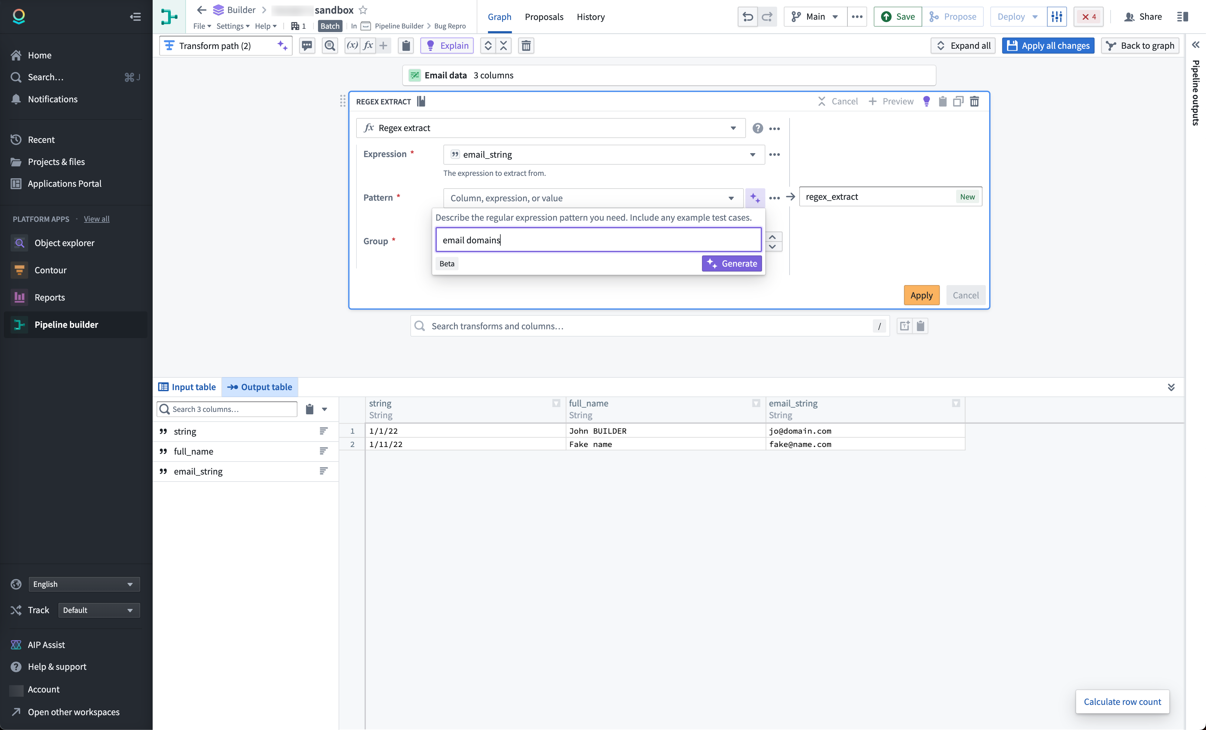 Using the Regex Helper feature in Pipeline Builder to generate a regular expression to search for email domains.