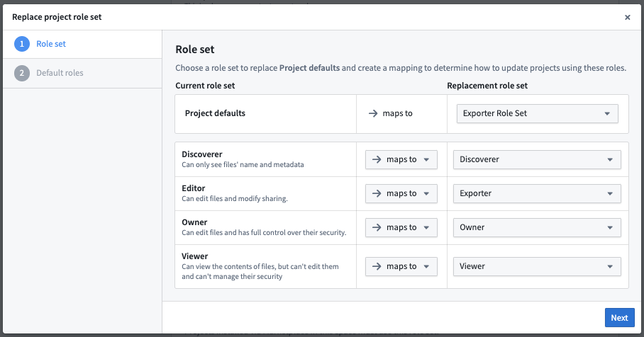 A screenshot of a mapping dialog for updating a role set on an existing space