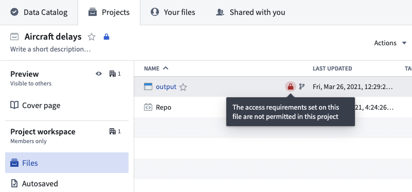 A dataset in a Project is marked with a violation warning.