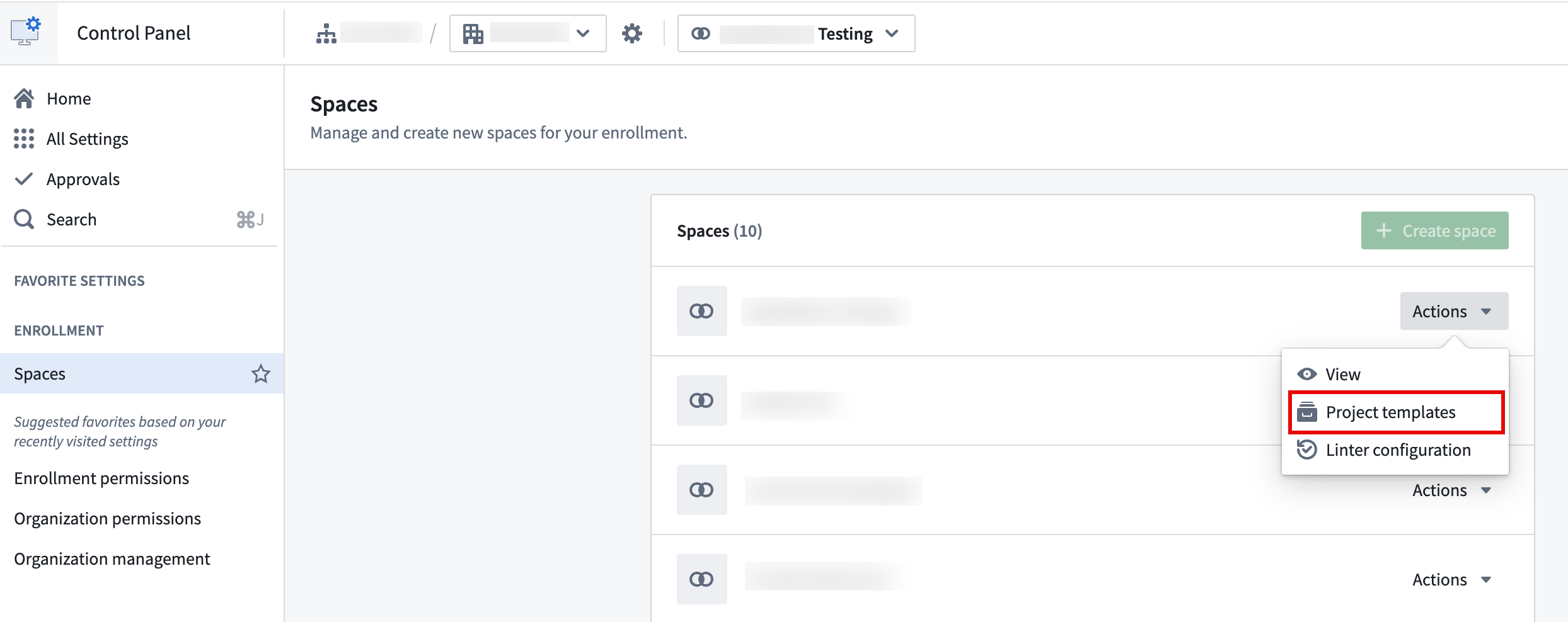 The Project template option on the spaces action dropdown.