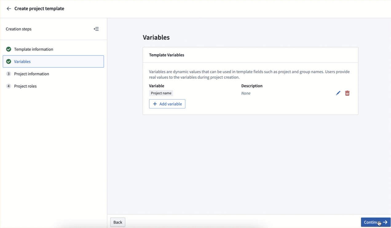 The "Variables" section during template creation.