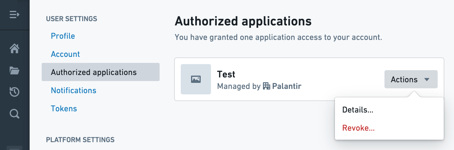 Authorized applications: Available actions