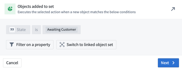 Automate Action panel where you can automate an Action by creating a filter on a property or using a linked object set.