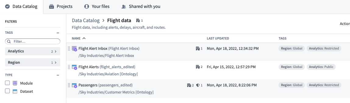 Example of tagged data in Data Catalog.