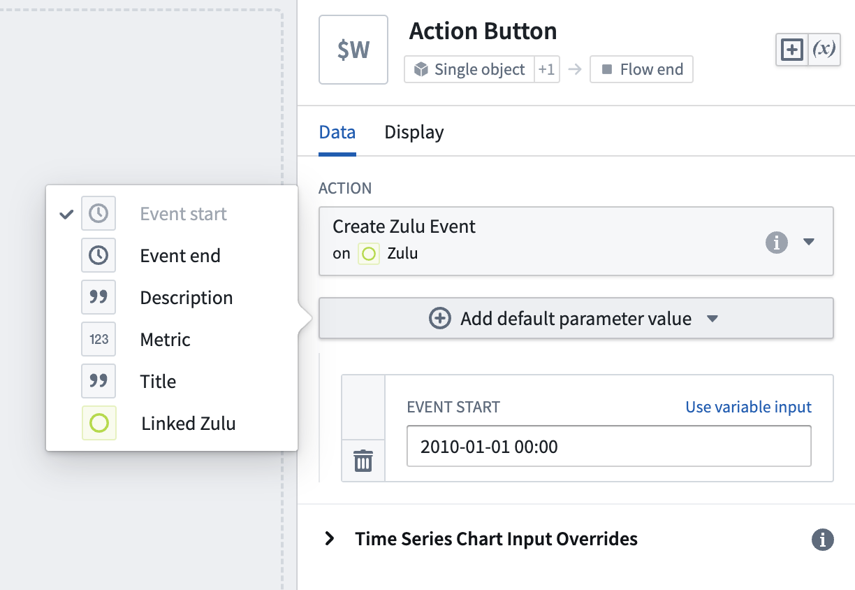 Action button editor showing default input configuration