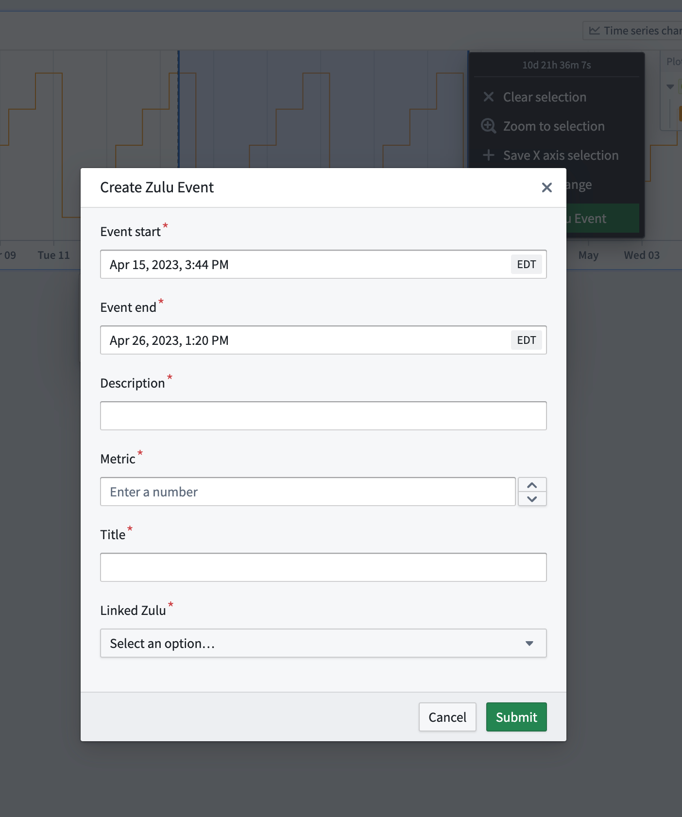 Action button form submission showing the pre-filled input form chart selection