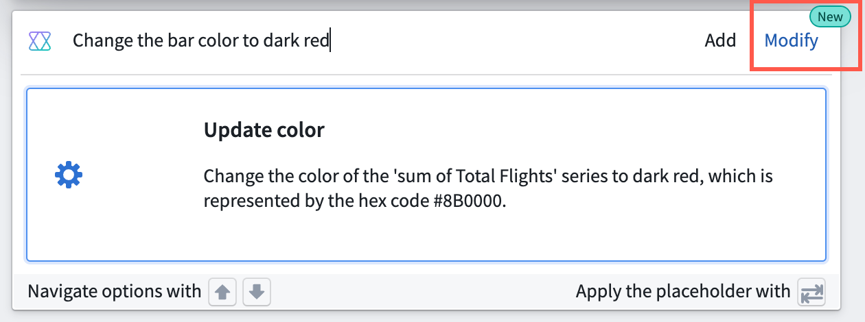 Using AIP Configure's Modify button to change bar colors on an existing analysis card.