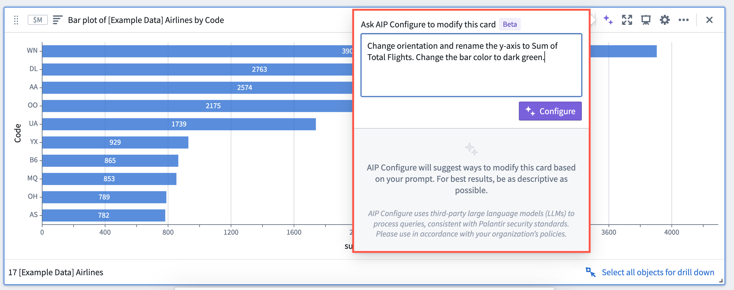 Showing the AIP Configure card config dialog from the card header.