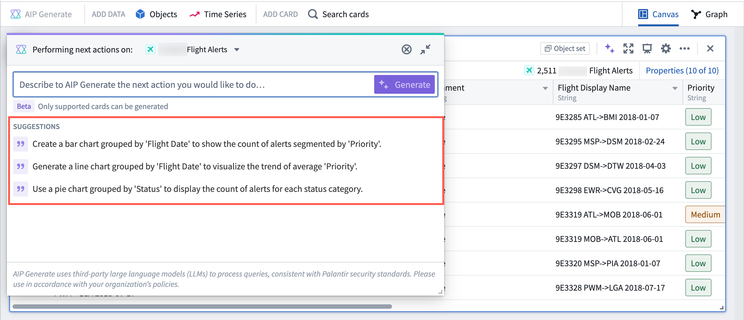 Showing AIP's suggested next actions based on object type.