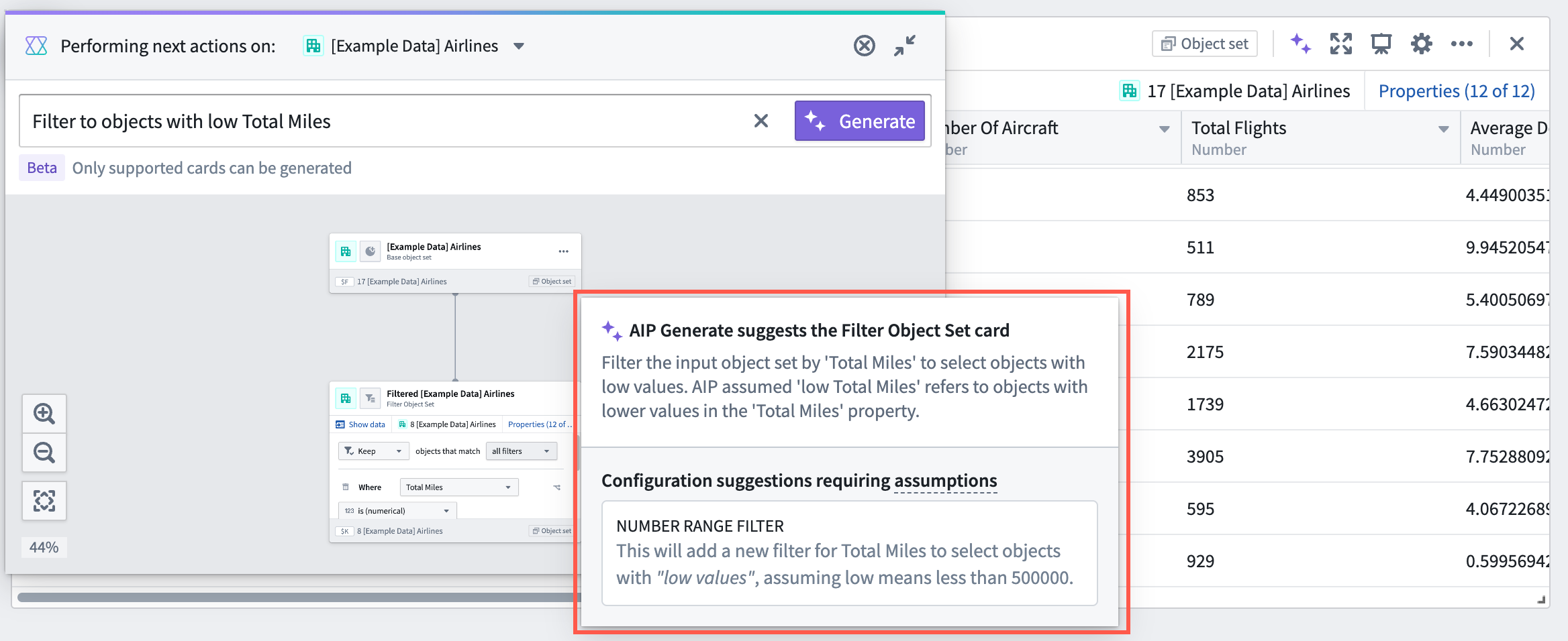 Screenshot showing AIP Generate's configuration suggestions requiring assumptions.