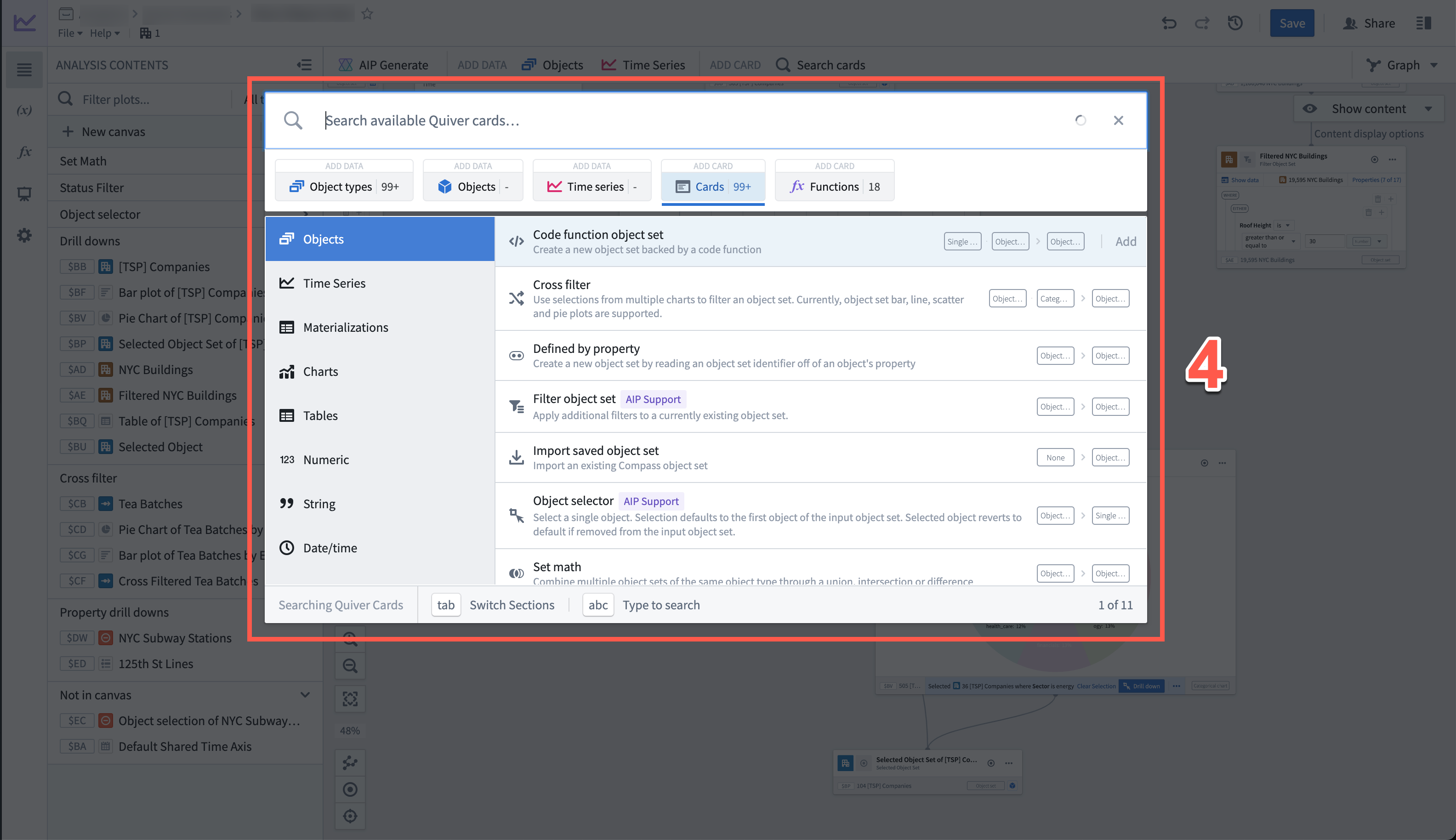 Analysis workspace toolbars, labeled 3 search bar