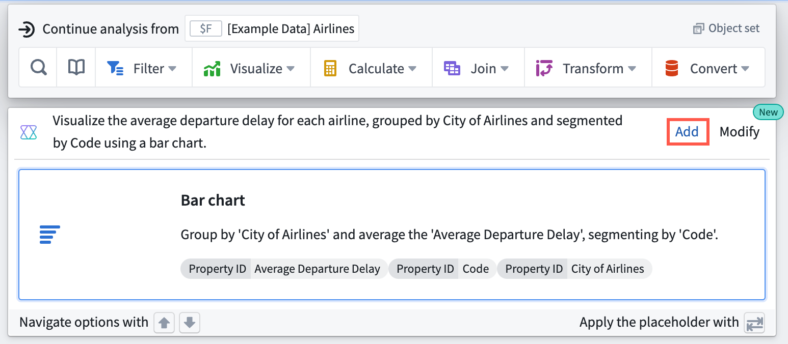 Access AIP Generate beneath a data or analysis card on the Quiver canvas.