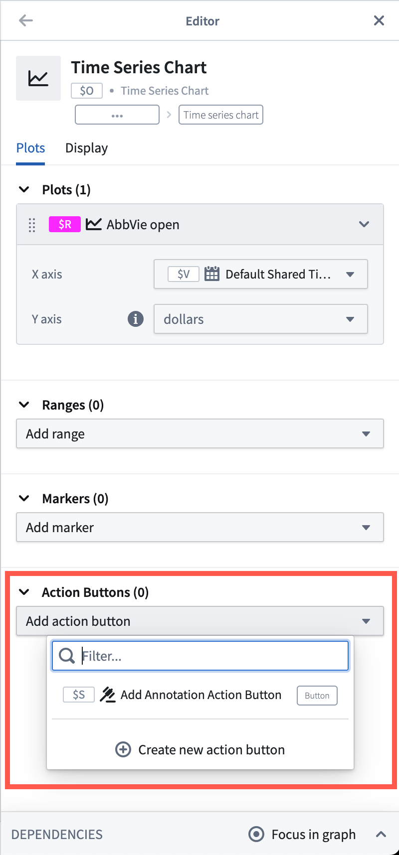 Time series chart editor showing the select ontology action button dropdown with existing buttons to select from