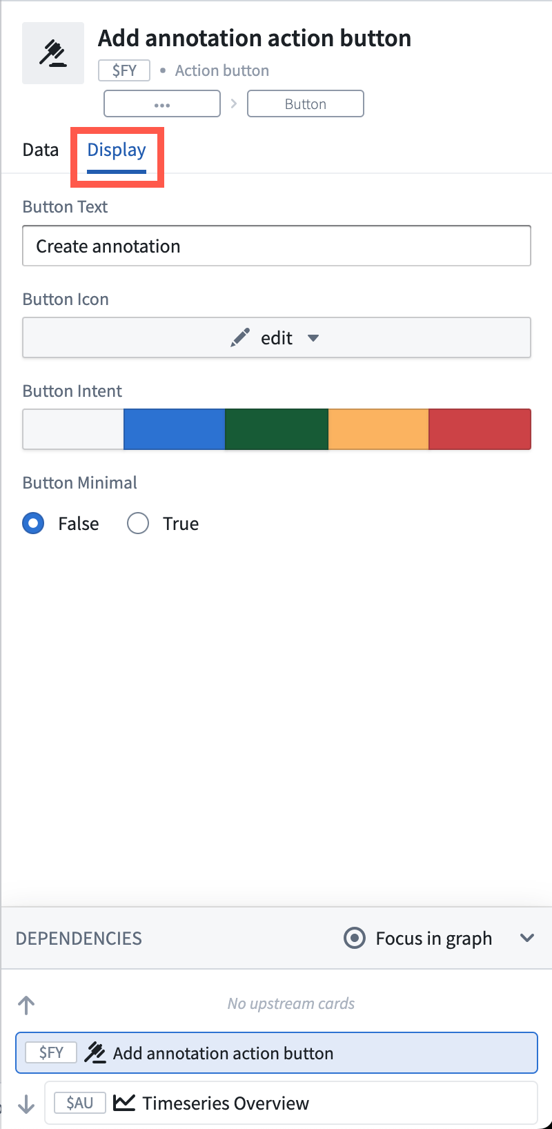 Action button Editor window showing the button display configuration options