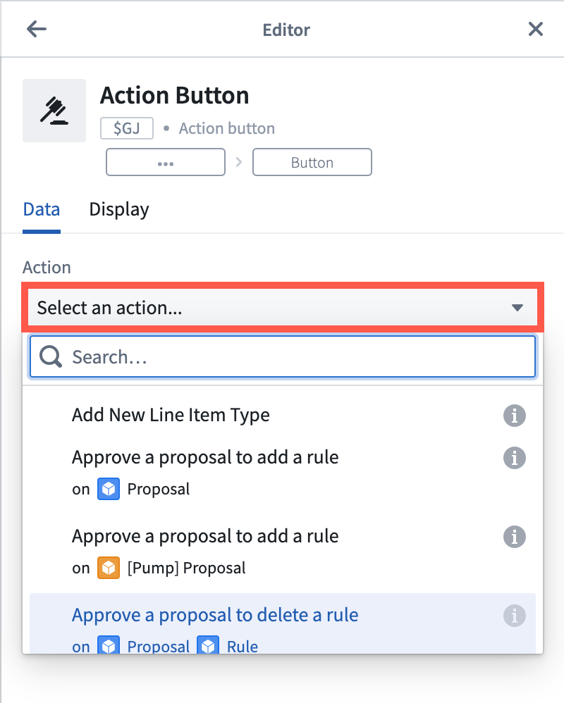 Action button Editor showing the select action dropdown with existing actions to select from