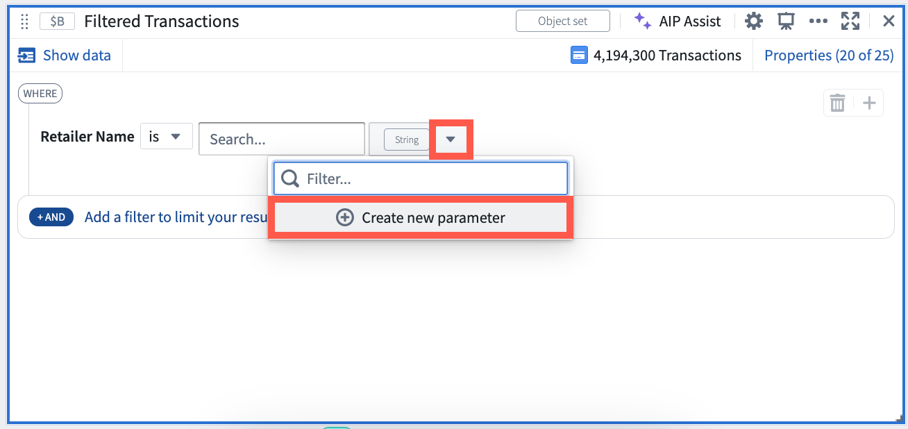 Add parameter from input dropdown of object set filter card