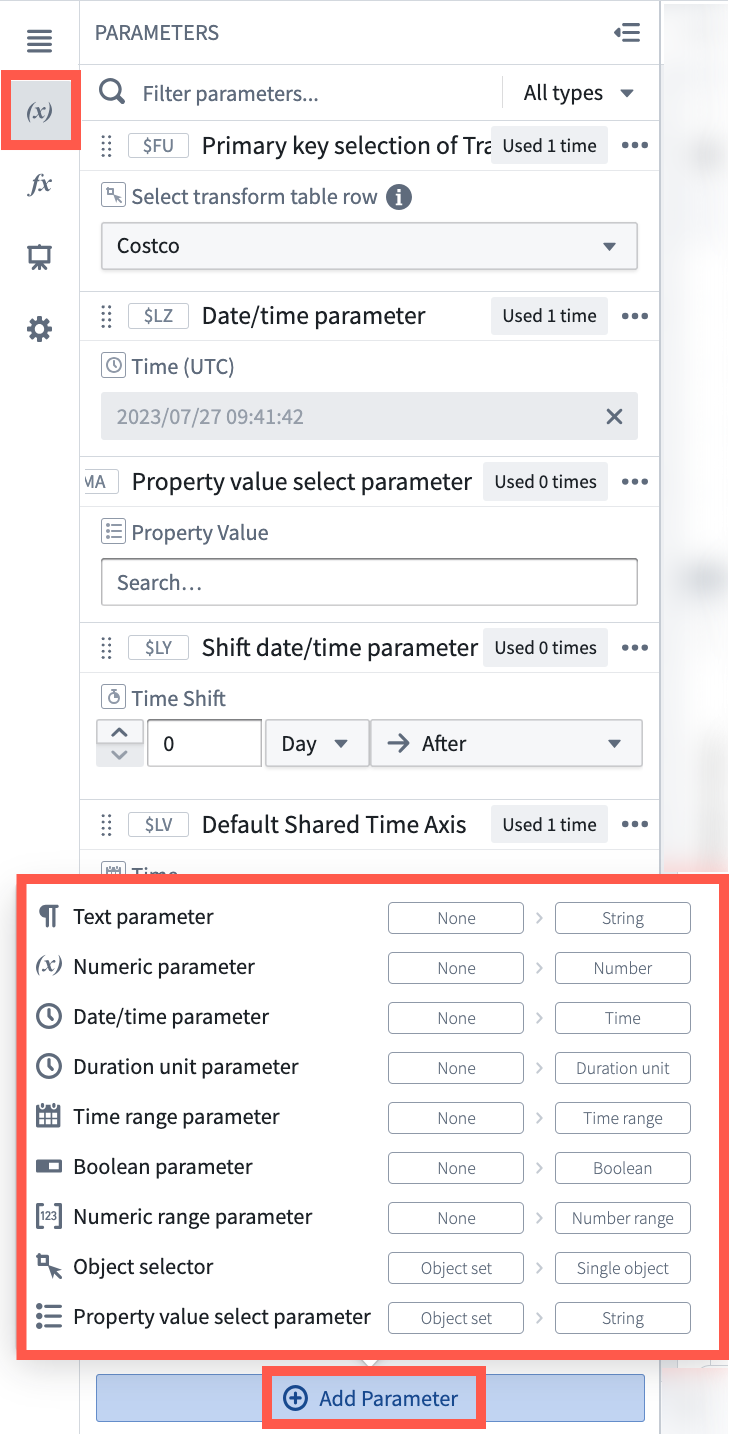 Adding a parameter from the parameters panel