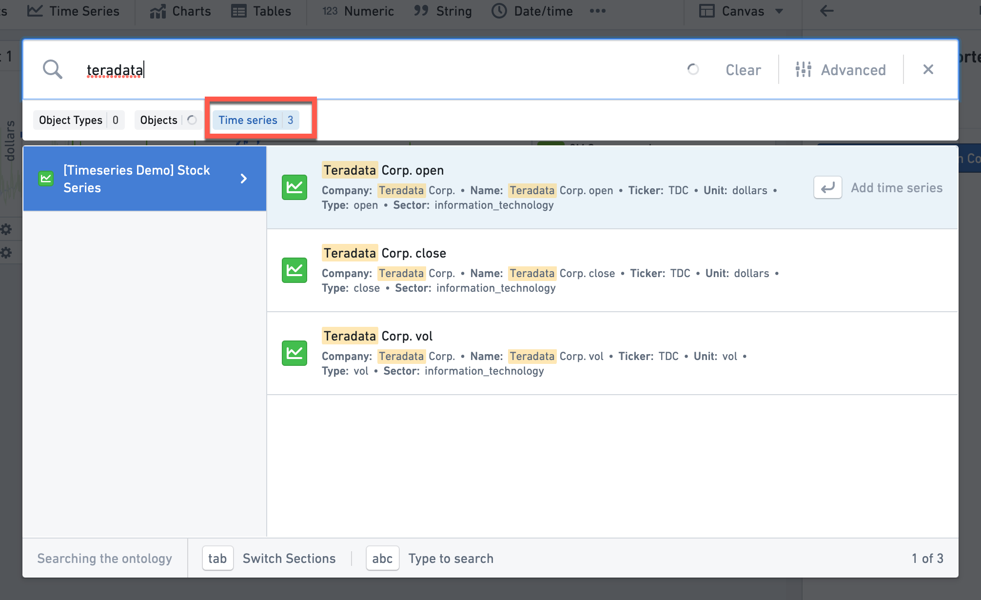 Showing the data search window for searching a time series