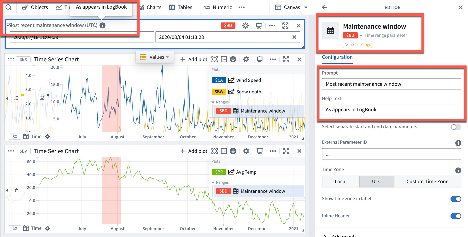 Editor view of a range parameters