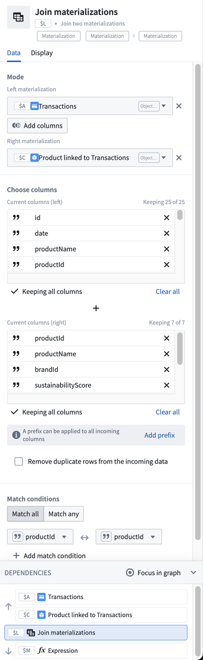 Configuration panel for Join materializations