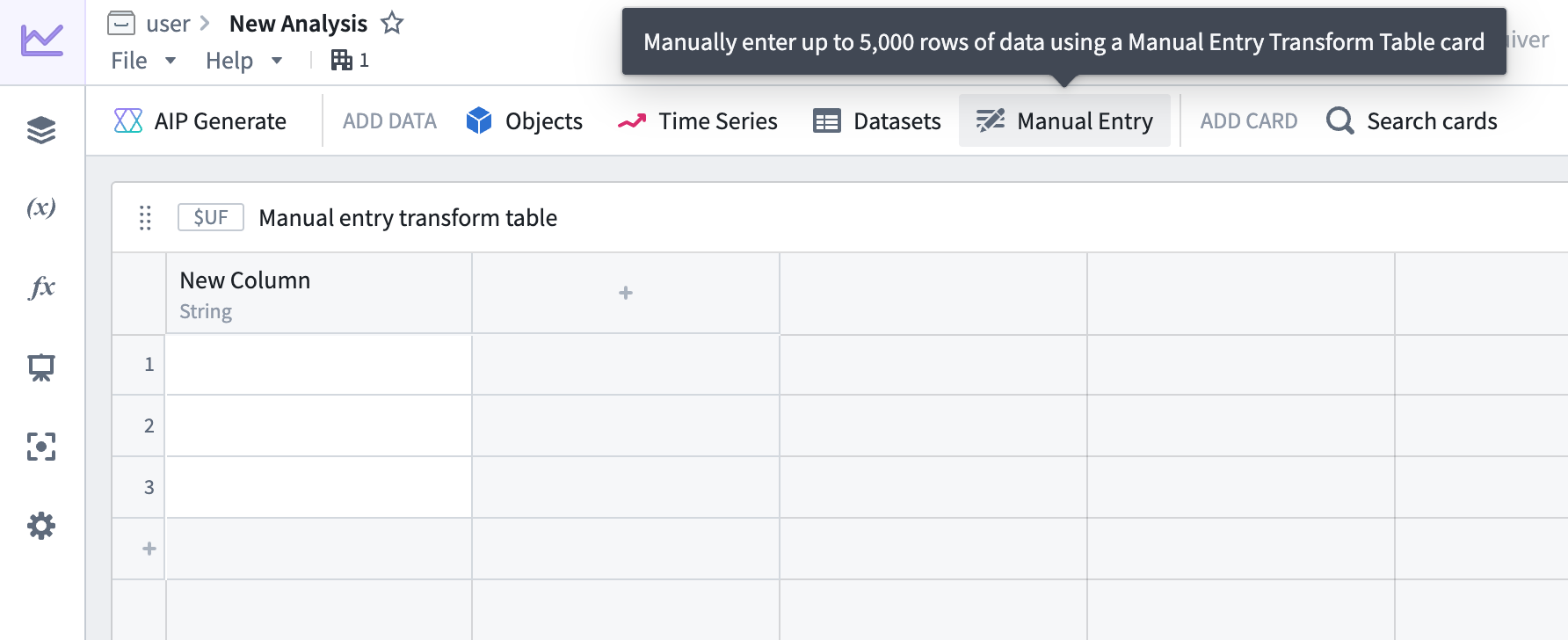 A Quiver canvas shows an empty manual entry transform table, which a user can add by selecting the Manual Entry button in the analysis header.