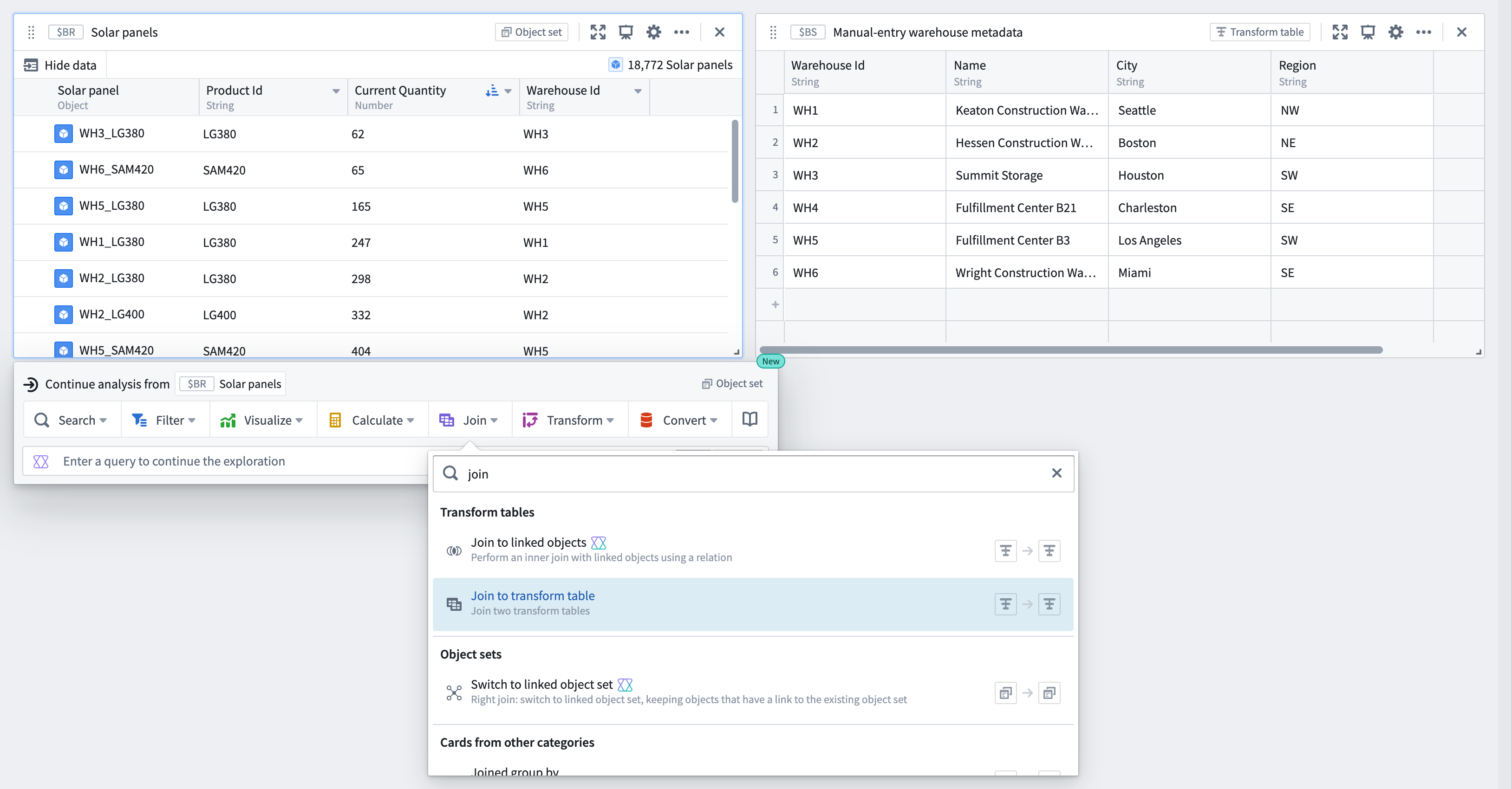 A user can copy metadata from a manual entry transform table to a new table to join to an existing object set.