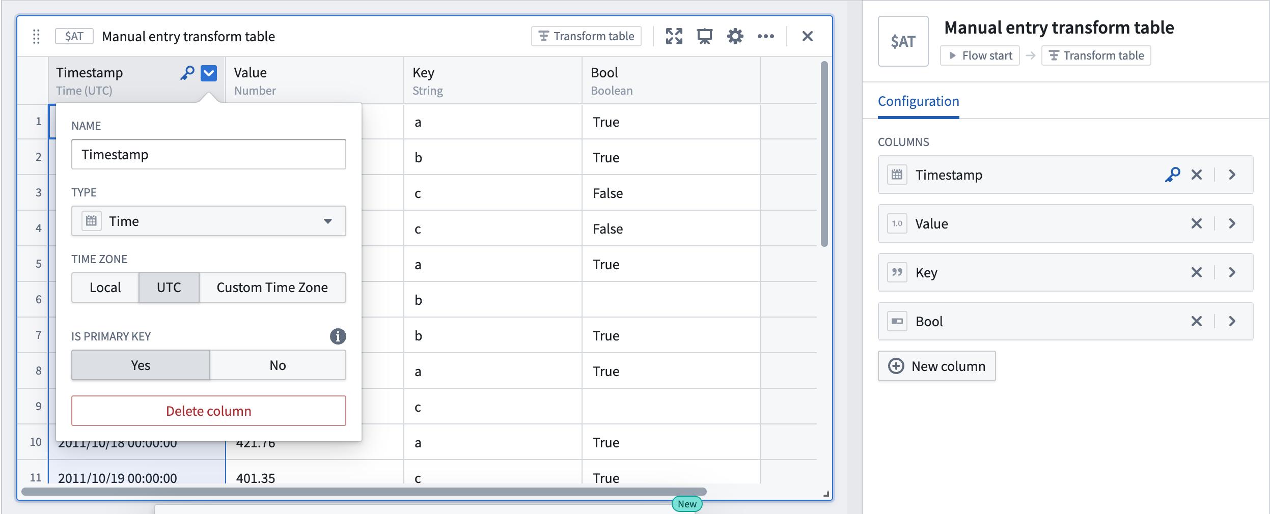 A manual entry transform table is displayed, where a user can select a column and set it as the table's primary key.