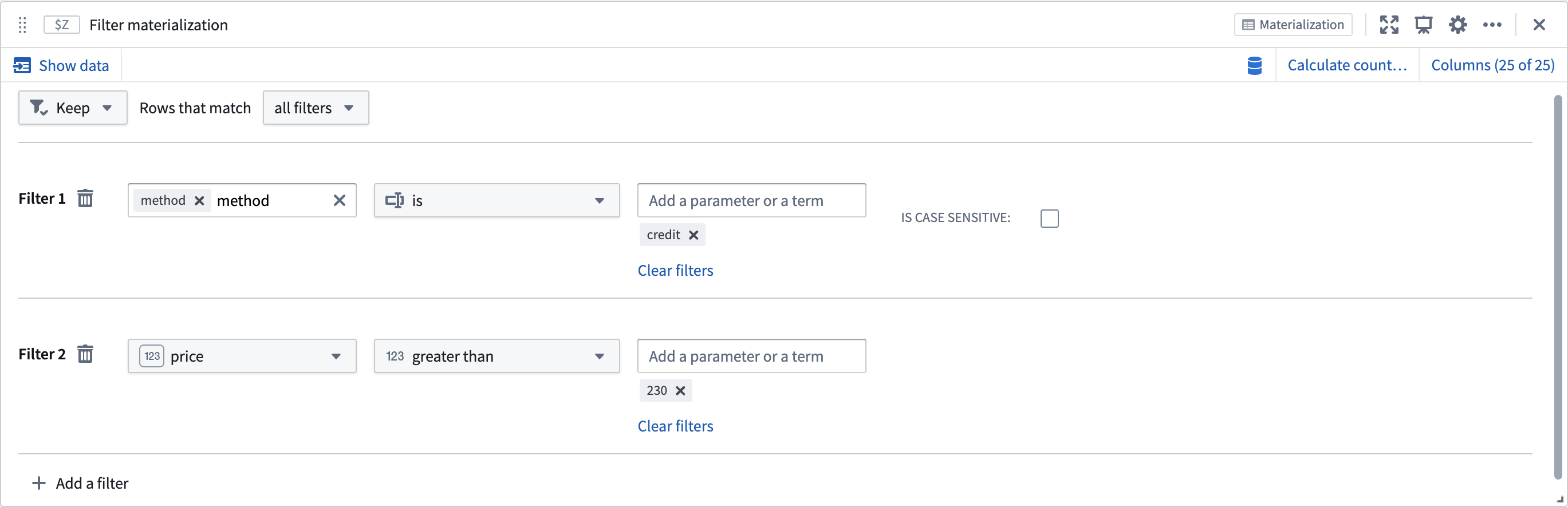 Filter (materialization) configuration card