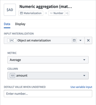 Configuration panel for numeric aggregation (materialization)