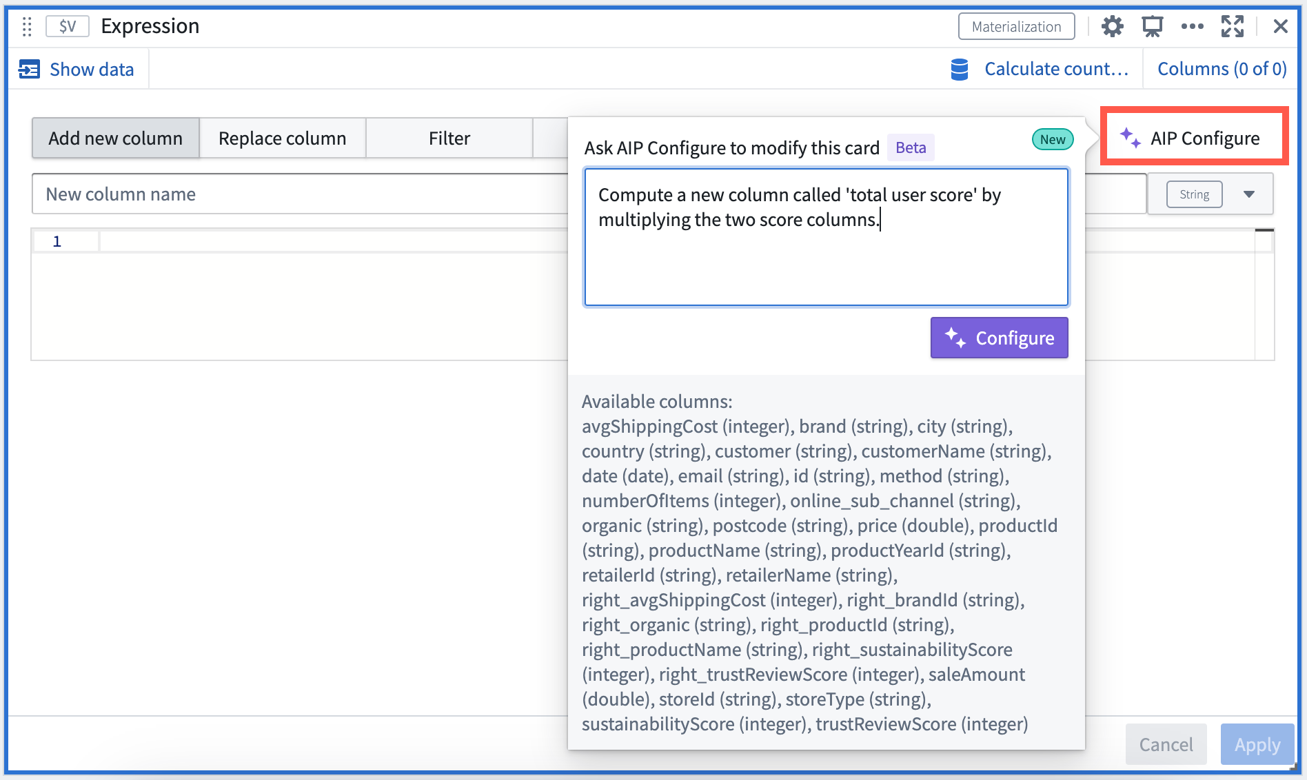 Natural language prompt input in AIP window