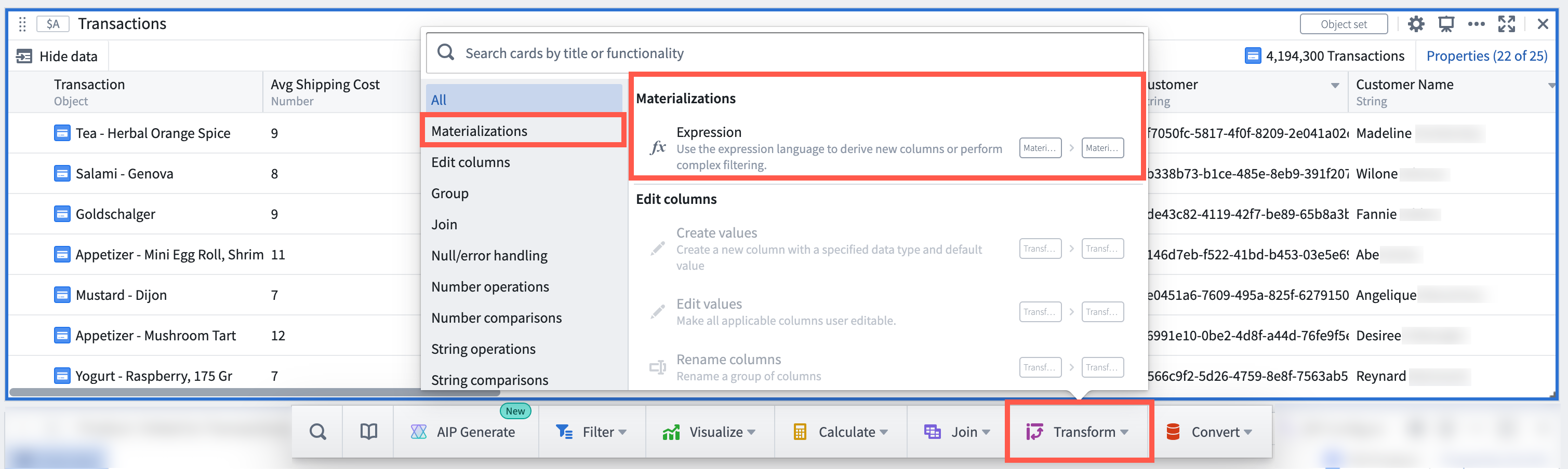 Materializations card menu