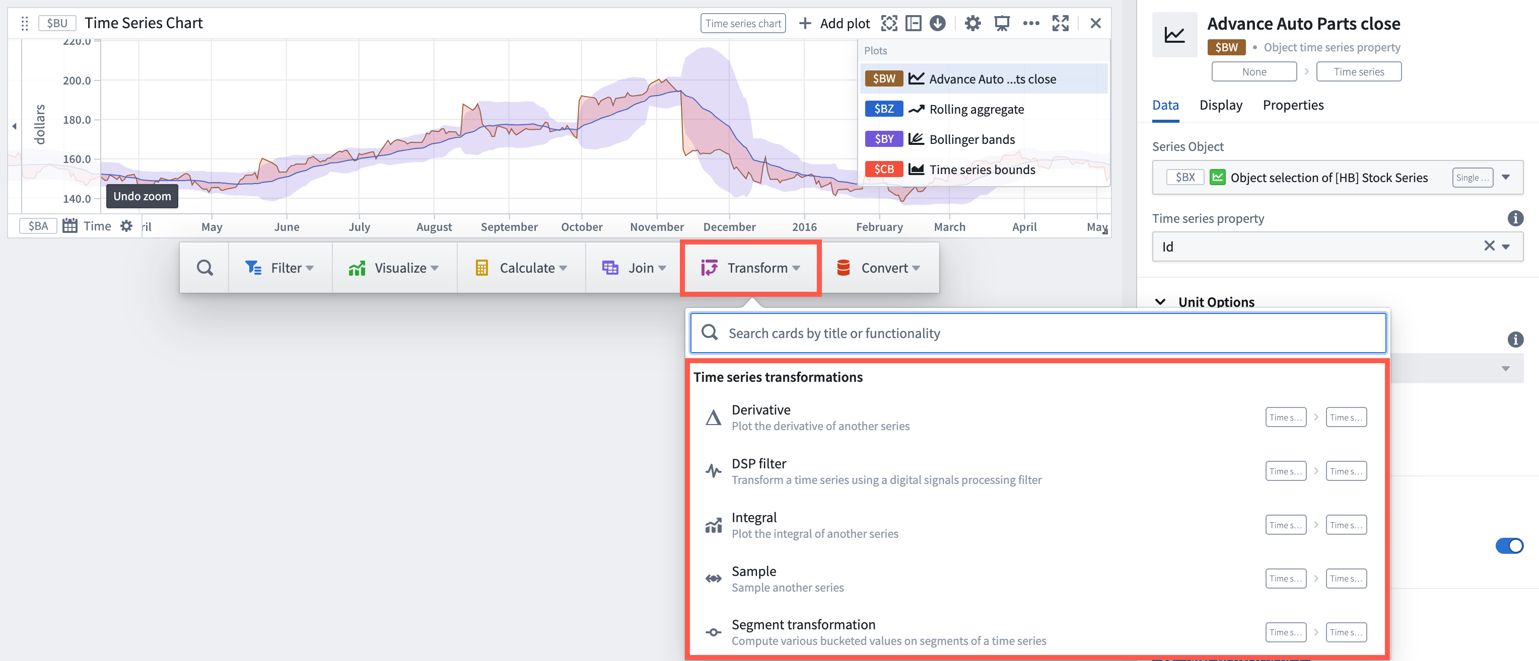 Next actions menu showing time series transformations in the transform category for a time series plot.