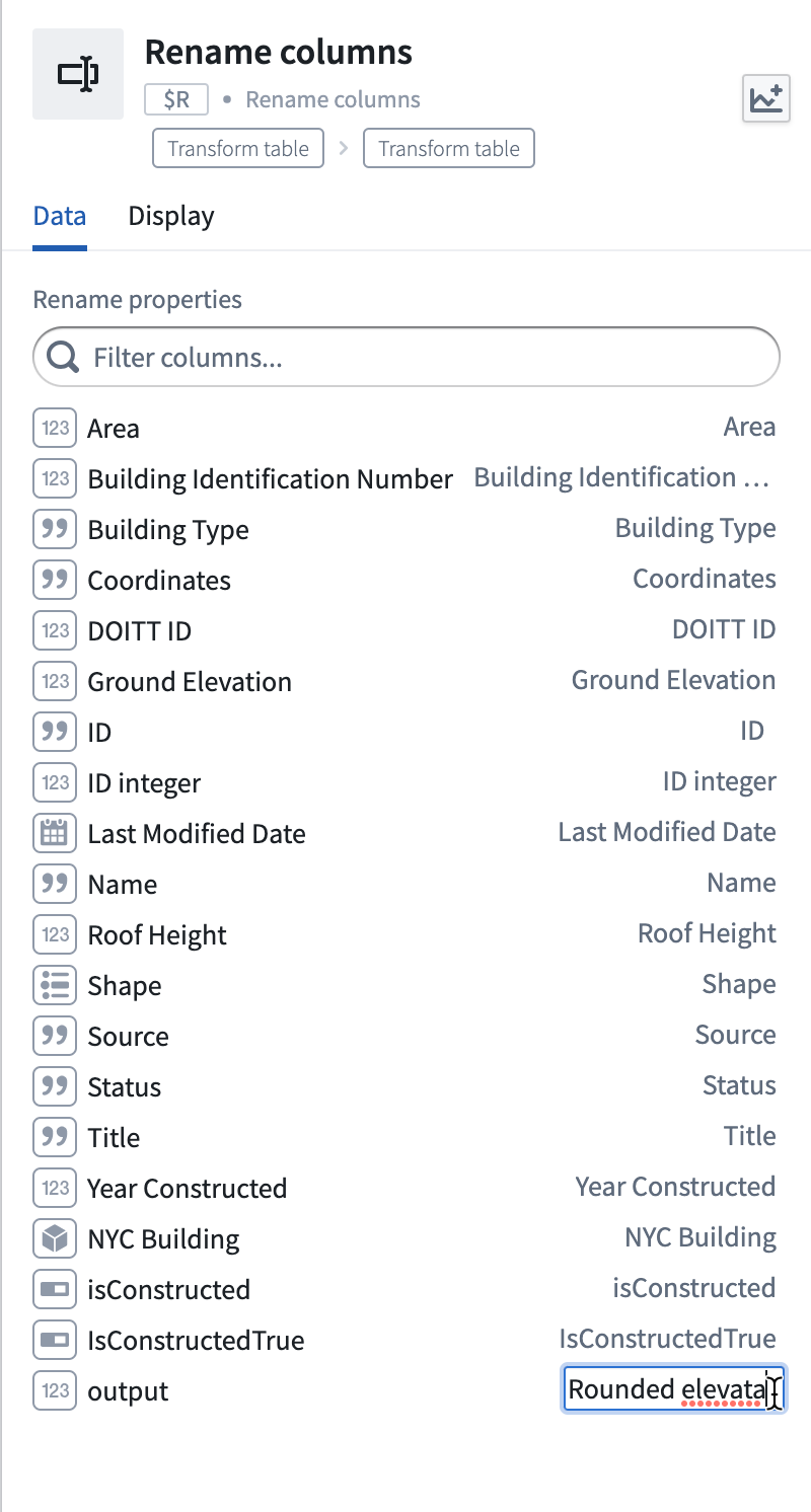 Configuration editor panel showing the rename columns config editing while renaming a column