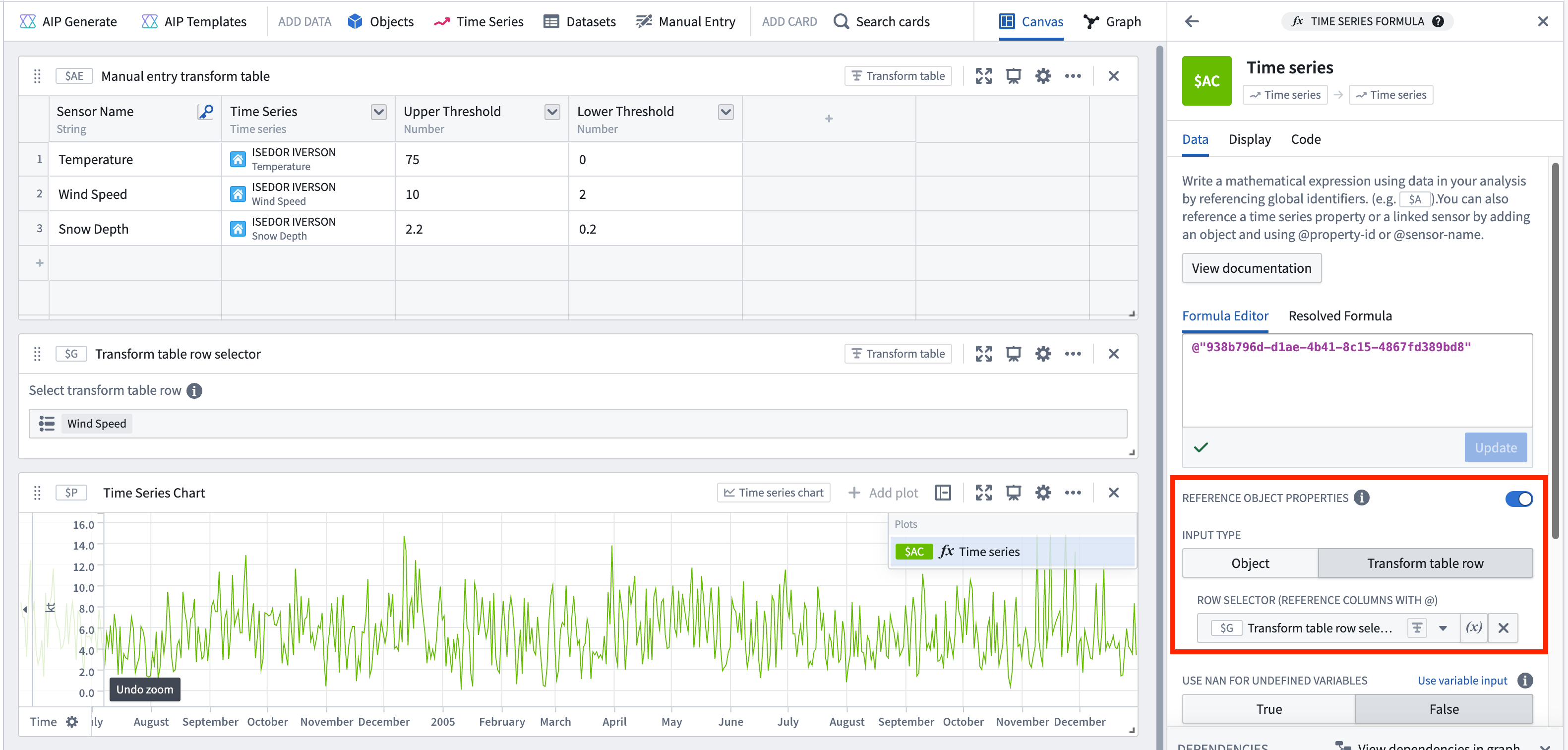 Use manual entry values in time series formula plot