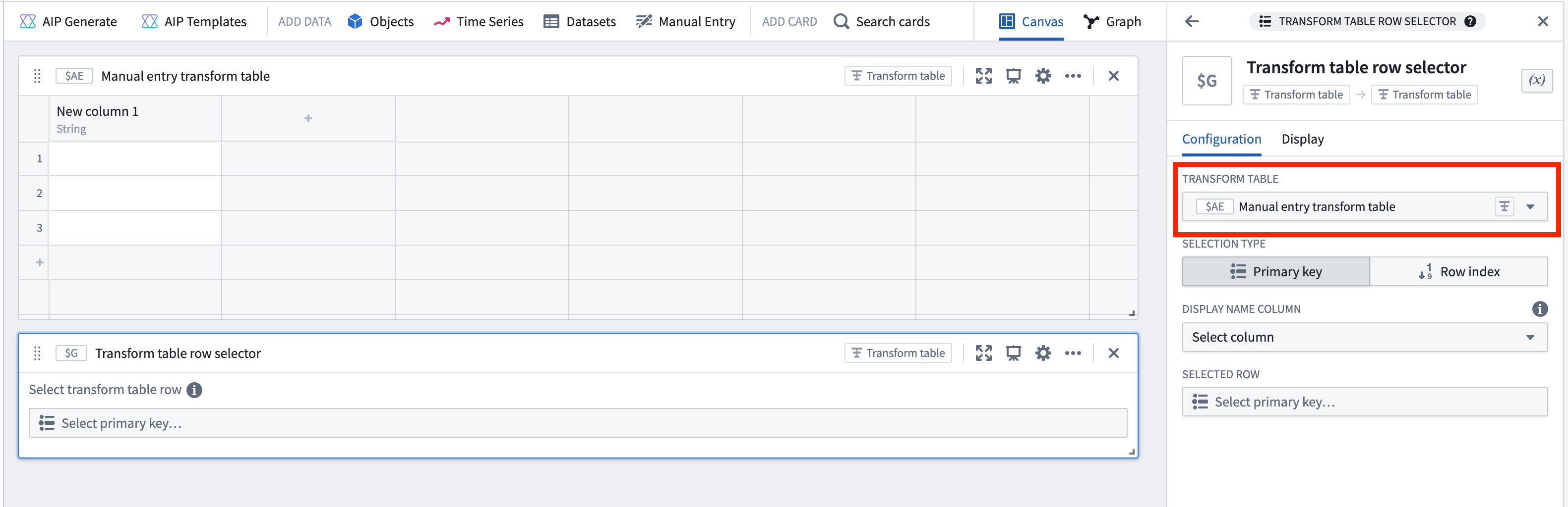 Manual entry table set up