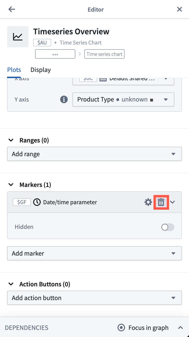 Time series chart editor menu showing the markers configuration section with the option to delete a marker highlighted with a red rectangle.