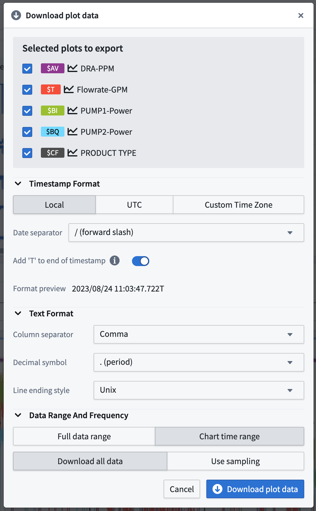 Download CSV settings